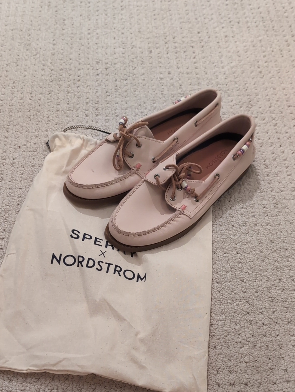 Sperry Women’s Pale Pink Moccasin Boat Shoes with Bead Detail